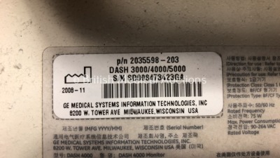 2 x GE Dash 4000 Patient Monitors Including ECG, NBP, CO2, BP1, BP2, SpO2 and Temp/co Options with 3 x GE SM 201-6 Batteries (Both Power Up) - 9