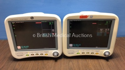 2 x GE Dash 4000 Patient Monitors Including ECG, NBP, CO2, BP1, BP2, SpO2 and Temp/co Options with 3 x GE SM 201-6 Batteries (Both Power Up, 1 with Da