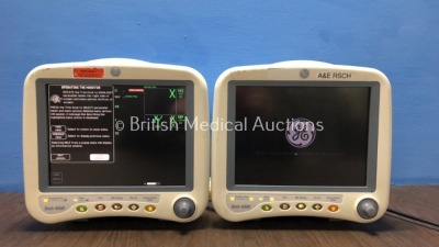 2 x GE Dash 4000 Patient Monitors Including ECG, NBP, CO2, BP1, BP2, SpO2 and Temp/co Options with 1 x GE SM 201-6 Battery (Both Power Up)