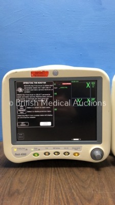 2 x GE Dash 4000 Patient Monitors Including ECG, NBP, CO2, BP1, BP2, SpO2 and Temp/co Options with 1 x GE SM 201-6 Battery (Both Power Up) - 2
