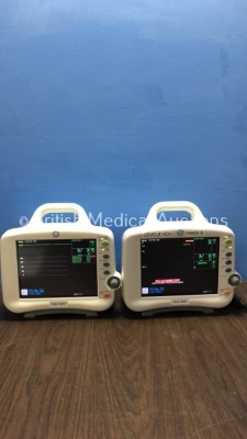2 x GE Dash 3000 Patient Monitors Including ECG, NBP, CO2, BP1, BP2, SpO2 and Temp/co Options with 2 x GE SM 201-6 Batteries (Both Power Up)
