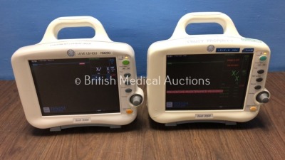 2 x GE Dash 3000 Patient Monitors Including ECG, NBP, CO2, BP1, BP2, SpO2 and Temp/co Options with 2 x GE SM 201-6 Batteries (Both Power Up, 1 with C