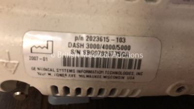 2 x GE Dash 3000 Patient Monitors Including ECG, NBP, CO2, BP1, BP2, SpO2 and Temp/co Options with 2 x GE SM 201-6 Batteries (Both Power Up, 1 with C - 6