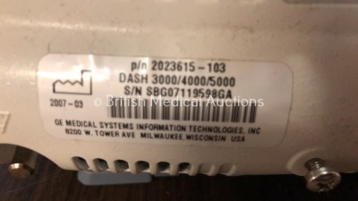 2 x GE Dash 3000 Patient Monitors Including ECG, NBP, CO2, BP1, BP2, SpO2 and Temp/co Options with 2 x GE SM 201-6 Batteries (Both Power Up, 1 with C - 10