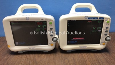 2 x GE Dash 3000 Patient Monitors Including ECG, NBP, CO2, BP1, BP2, SpO2 and Temp/co Options with 2 x GE SM 201-6 Batteries (Both Power Up, 1 with S