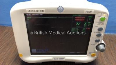 2 x GE Dash 3000 Patient Monitors Including ECG, NBP, CO2, BP1, BP2, SpO2 and Temp/co Options with 2 x GE SM 201-6 Batteries (Both Power Up, 1 with S - 6