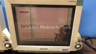 2 x Philips IntelliVue MP70 Patient Monitors S/W Rev A.20.46 / A.25.13 *Mfd 2002* (Both Power Up in French Display Language, 1 with Missing Dial-See P - 2