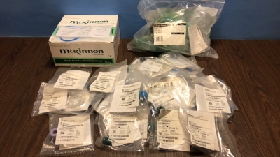 Mixed Lot Including Various Stryker Femoral Head Trial (Unused in Bags) and Mckinnon Single Pack Eye Shield and Frame (Approx 50)