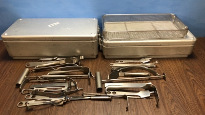 Job Lot of Hip Surgery Instruments in 2 x Metal Trays