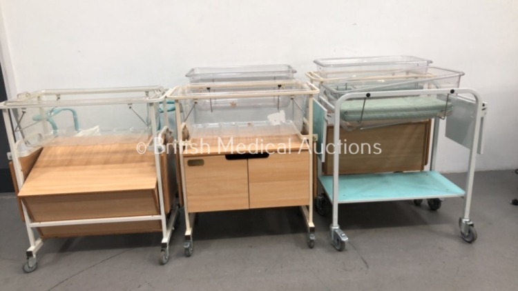 6 x Bedside Mobile Cots with 5 x Inserts and 2 x Mattresses * 1 x Broken Cabinet *