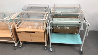 6 x Bedside Mobile Cots with 5 x Inserts and 2 x Mattresses * 1 x Broken Cabinet * - 2