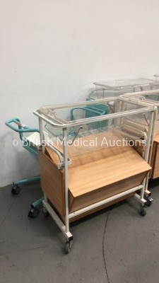 6 x Bedside Mobile Cots with 5 x Inserts and 2 x Mattresses * 1 x Broken Cabinet * - 3