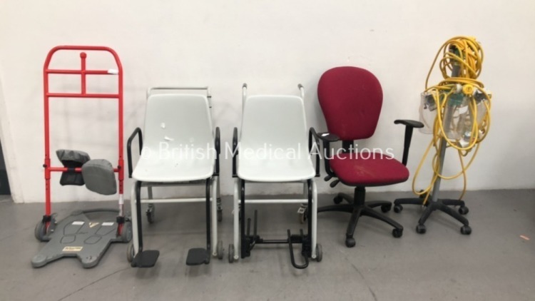 Mixed Lot Including 1 x System RoMedic ReTurn 7500 Standing Aid, 2 x Seca Seated Weighing Scales * 1 x Damaged Monitor *, 1 x Mobile Chair and 1 x 2 x