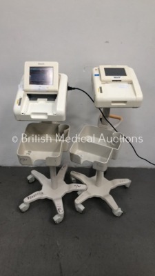 2 x Philips Avalon FM30 Fetal Monitors on Stands (1 x Powers Up,1 x Powers Up with Blank Screen and Broken Monitor, 1 x Missing Printer Panel-See Phot