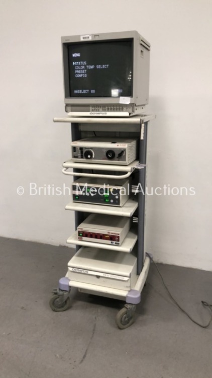 Olympus Stack Trolley Including Sony Trinitron Monitor,Stryker Endoscopy Q-5000 Light Source Unit,Stryker Endoscopy High Flow Insufflator and Stryker