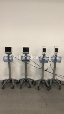 2 x Datascope Trio Patient Monitors on Stands with SpO2,T1,ECG and NIBP Options and 2 x Datascope Duo Patient Monitors on Stands with NIBP and SpO2 Op