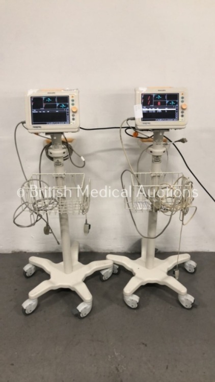 2 x Philips SureSigns VS3 Patient Monitors on Stands with SpO2 and NIBP Options,2 x SpO2 Finger Sensors and 2 x BP Hoses (Both Power Up)