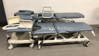 2 x Akron Electric Gyne Patient Examination Couches with Controllers and 1 x Huntleigh Akron Electric Gyne Patient Examination Couch with Accessories/