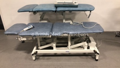 1 x Akron Electric Patient Examination Couch with Controller (Powers Up and Tested Working) and 1 x Knight Imaging Auto Tilt Delta Electric Patient Ex