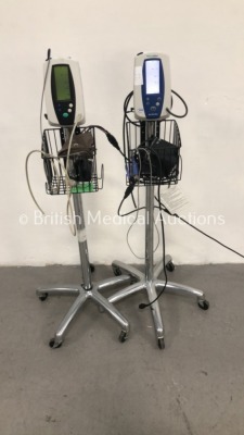 2 x Welch Allyn Spot Vital Signs Monitors on Stands with 2 x SpO2 Finger Sensors and 2 x BP Hoses and Cuffs (Both Power Up)