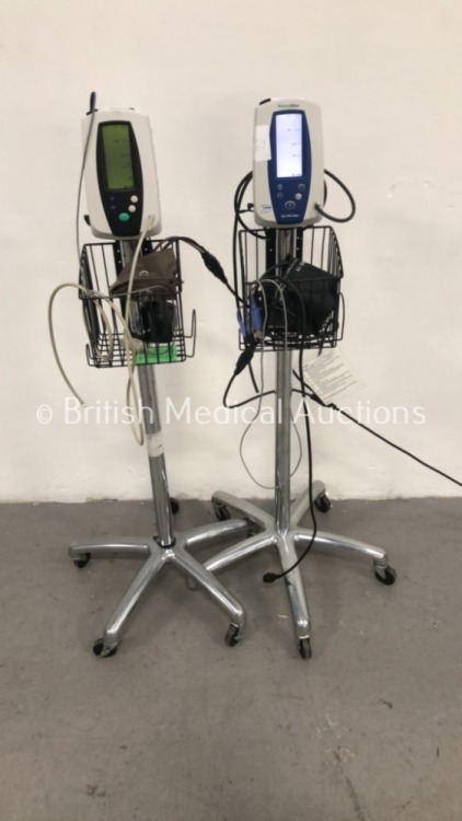 2 x Welch Allyn Spot Vital Signs Monitors on Stands with 2 x SpO2 Finger Sensors and 2 x BP Hoses and Cuffs (Both Power Up)