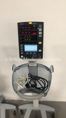 3 x Mindray Datascope Accutorr V Patient Monitors on Stands with 2 x BP Hoses and 3 x SpO2 Finger Sensors (All Power Up) * SN A7515871C2 / A7515873C2 - 2