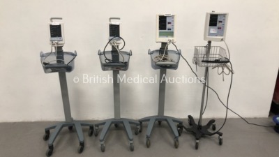2 x Datascope Duo Patient Monitors on Stands with SPO2 Finger Sensors and 2 x BP Hoses and Cuffs and 2 x Datascope Accutorr Plus Patient Monitors with