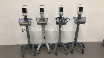 4 x Datascope Duo Patient Monitors on Stands with SPO2 Finger Sensor and BP Hoses (All Power Up) *S/N MD06514-I7 / MD16889-K2 / MD01160-K4 / MD06692-J