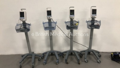 4 x Datascope Duo Patient Monitors on Stands with 3 x SPO2 Finger Sensor and 3 x BP Hoses (All Power Up) *S/N MD01988-A5 / MD02159-B5 / MD06532-I7 / M