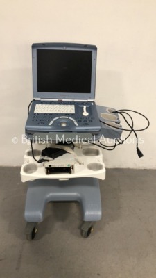 GE Voluson e Portable Flat Screen Ultrasound Scanner with Mitsubishi Printer * Missing Front Panel-See Photo * (Hard Drive Removed-Damage to Trolley-S