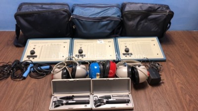 Job Lot of 3 x Madsen Electronics Micromate 304 Screening Audiometers (All Power Up) with 3 x Audiocups, 3 x Finger Triggers, 1 x Power Supply and 2 x