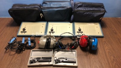 Job Lot of 3 x Madsen Electronics Micromate 304 Screening Audiometers (All Power Up) with 3 x Audiocups, 3 x Finger Triggers and 2 x Heine Mini 200 F.