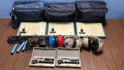 Job Lot of 3 x Madsen Electronics Micromate 304 Screening Audiometers (All Power Up) with 3 x Audiocups, 3 x Finger Triggers, 1 x Power Supply and 2 x