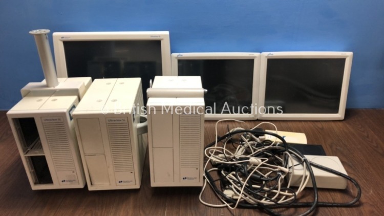 Job Lot Including 3 x Spacelabs Ultraview 91387 Modules with 3 x Ultraview Monitors, 3 x Power Supplies and Various Monitor Leads (Some Marks to Scree