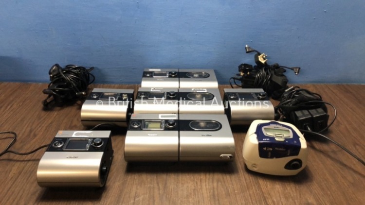 Job Lot Including 6 x ResMed S9 AutoSet CPAP Units (All Power Up, 1 with Missing Dial-See Photo) 3 x ResMed H5i Humidifier Units, 6 x AC Power Supplie