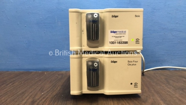 2 x Drager Scio Four Oxi Plus Gas Modules with 2 x Infinity ID Waterlock2 (Both Power Up when Tested with Stock Power Supply-Power Supplies Not Includ