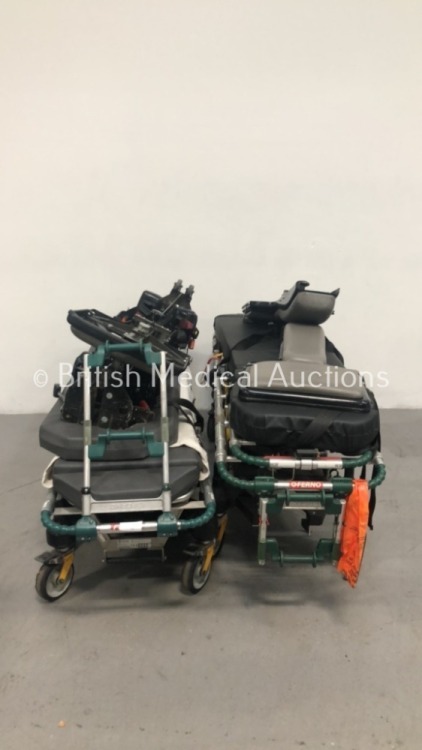 2 x Ferno Pegasus Hydraulic Ambulance Stretchers with 3 x Mattresses and 2 x NMI Safe Riders with Attachments (Hydraulics Tested Working) * SN PEG-406