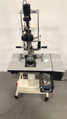 Haag-Streit Bern 900 Slit Lamp with 2 x 12,5x Eyepieces and Haag Streit Bern 900.4.4.124625 Prism Tonometer on Topcon Motorized Table (Powers Up with