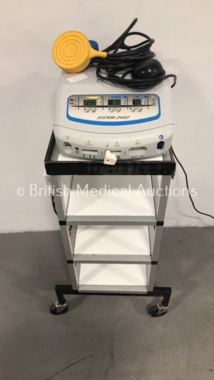 ConMed System 2450 Electrosurgical Unit Model 60-2450-230 on Trolley with 1 x Dual Footswitch and 1 x Bipolar Dome Footswitch (Powers Up) * SN 09AGU06