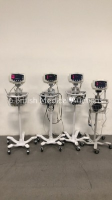 4 x Welch Allyn 53N00 Patient Monitors on Stands with 4 x SpO2 Finger Sensors,4 x BP Hoses and 4 x BP Cuffs (All Power Up)