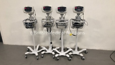 4 x Welch Allyn 53N00 Patient Monitors on Stands with 4 x SpO2 Finger Sensors,4 x BP Hoses and 4 x BP Cuffs (All Power Up)