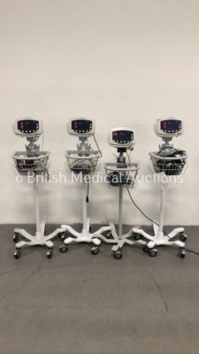 4 x Welch Allyn 53N00 Patient Monitors on Stands with 4 x SpO2 Finger Sensors,4 x BP Hoses and 4 x BP Cuffs (All Power Up)