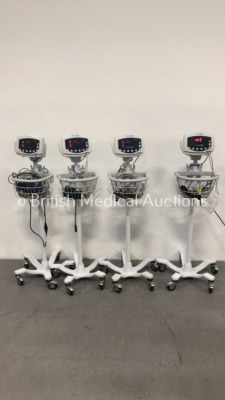 4 x Welch Allyn 53N00 Patient Monitors on Stands with 4 x SpO2 Finger Sensors,4 x BP Hoses and 4 x BP Cuffs (All Power Up)