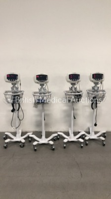 4 x Welch Allyn 53N00 Patient Monitors on Stands with 4 x SpO2 Finger Sensors,4 x BP Hoses and 4 x BP Cuffs (All Power Up)