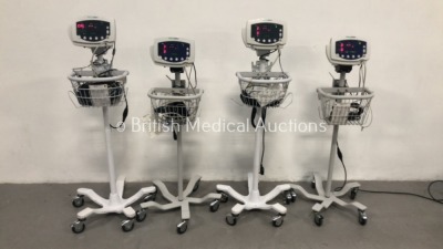 4 x Welch Allyn 53N00 Patient Monitors on Stands with 4 x SpO2 Finger Sensors,4 x BP Hoses and 4 x BP Cuffs (All Power Up)