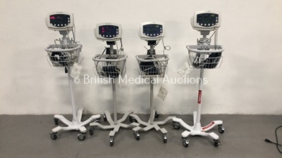 4 x Welch Allyn 53N00 Patient Monitors on Stands with 4 x SpO2 Finger Sensors,4 x BP Hoses and 4 x BP Cuffs (All Power Up)