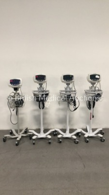 4 x Welch Allyn 53N00 Patient Monitors on Stands with 4 x SpO2 Finger Sensors,4 x BP Hoses and 4 x BP Cuffs (All Power Up)