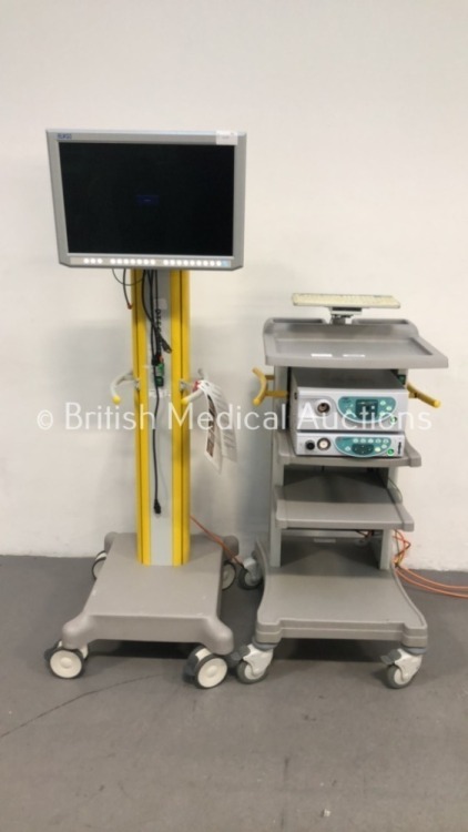 Imotech Stack Trolley with Fujinon System 4400 Light Source, Fujinon System 4400 Processor and Imotech Medical Trolley with EUK Hercules Monitor EndoV