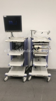 2 x Olympus Stack Trolleys with Olympus OEV191H Monitor, Olympus Evis Lucera CV-260SL Digital Processor, Olympus MAJ-1154 Pigtail Connector and Olympu