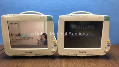 2 x Philips Intellivue MP50 Anesthesia Touch Screen Patient Monitors Version G.01.73 / H.14.55 (Both Power Up, 1 with Casing Damage - See Photo) *Mfd